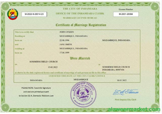 Mozambique marriage certificate Word and PDF template